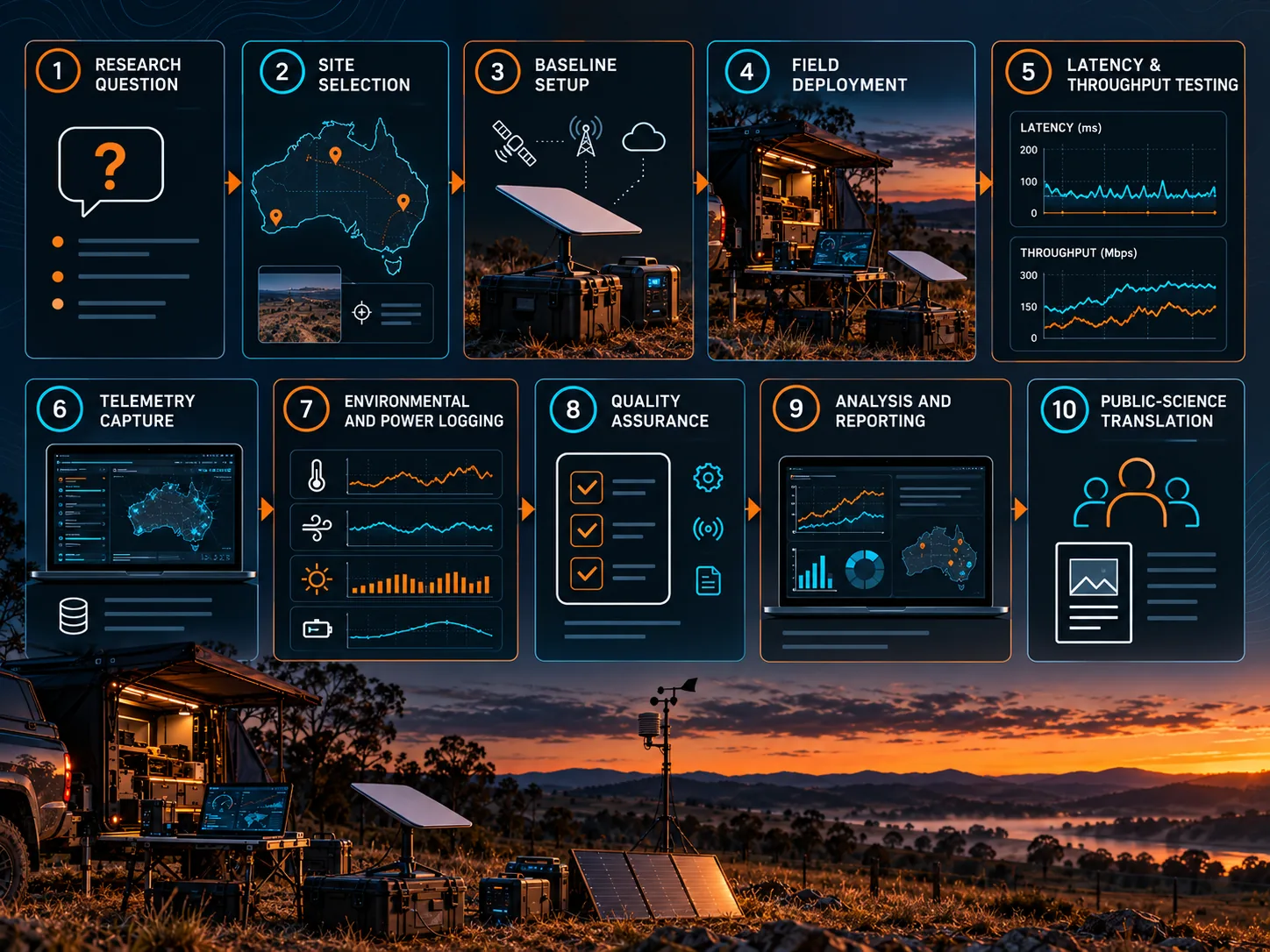 Connected Country research workflow covering field sites, measurements, data capture, analysis and community science