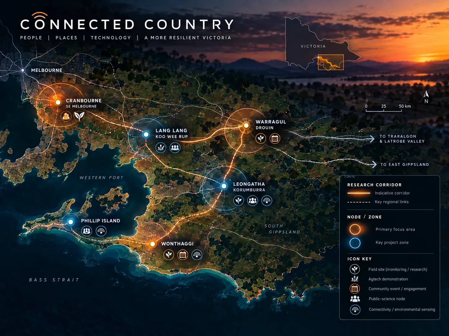 Indicative Connected Country research corridor across Cranbourne, Lang Lang, Drouin, Warragul and Wonthaggi South Gippsland