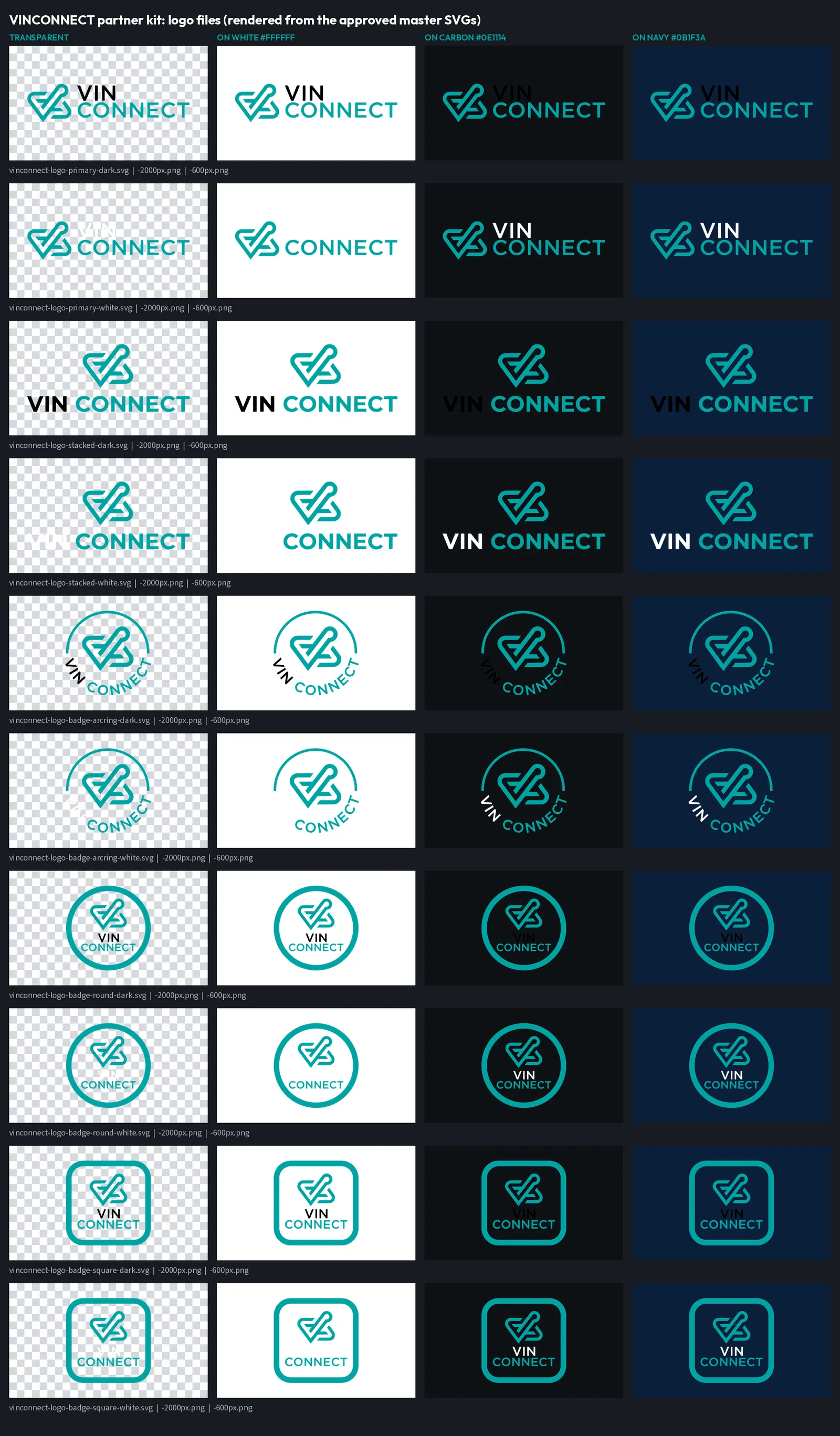 VINCONNECT logos: primary, stacked, arc-ring badge, round badge and square badge, in dark and white.