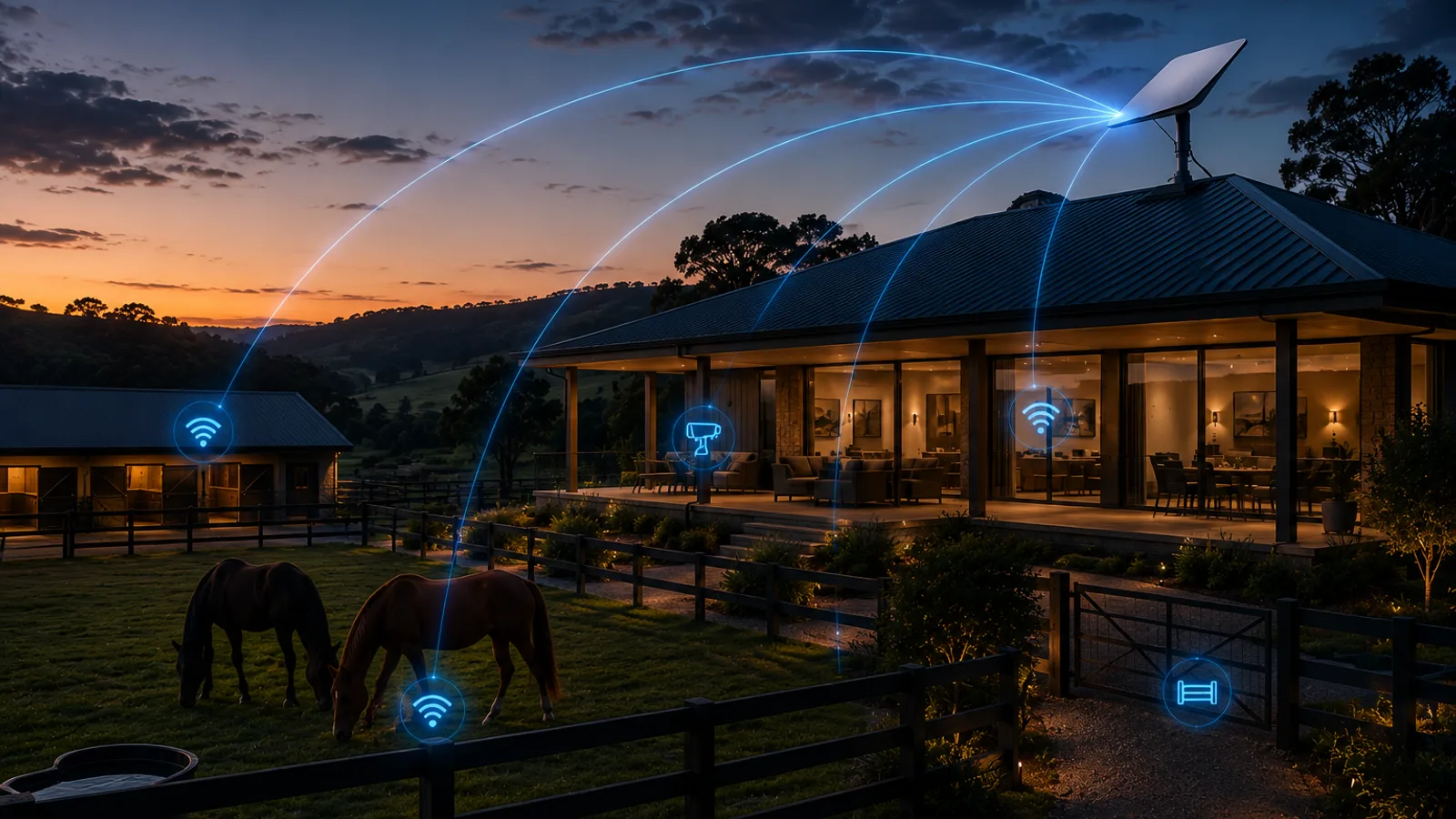 A horse property at dusk, with a house, paddocks and trees.