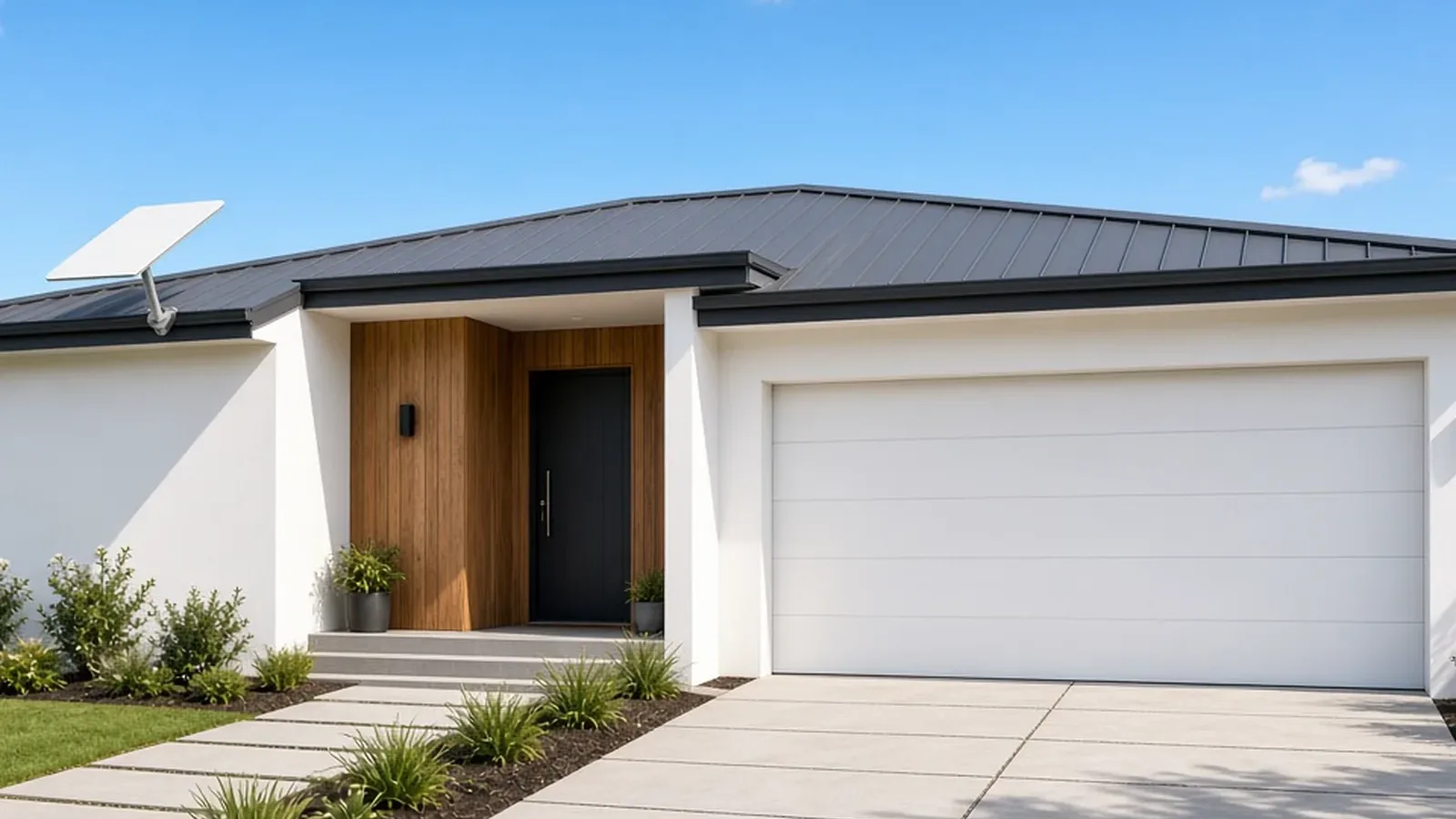 A single-storey new home with a rendered facade and a Starlink Standard dish on a wall mount under the gutter.