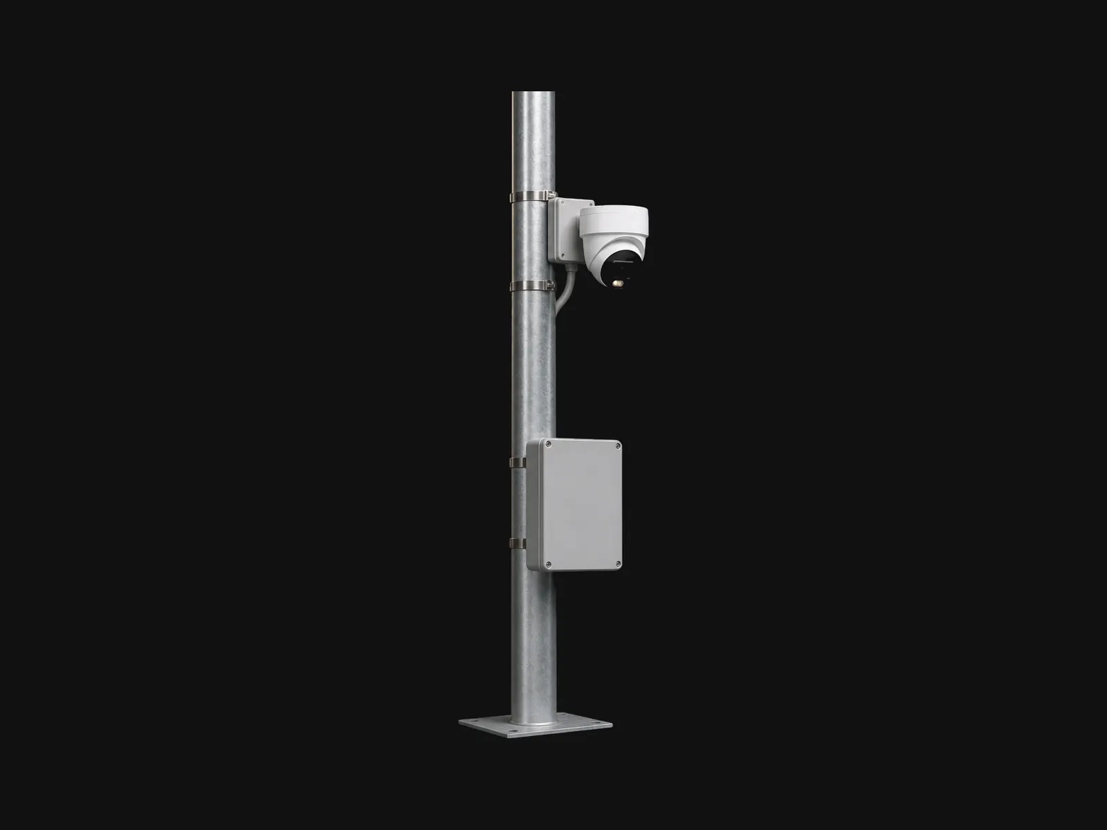Camera pole kit with a turret camera and a closed box.