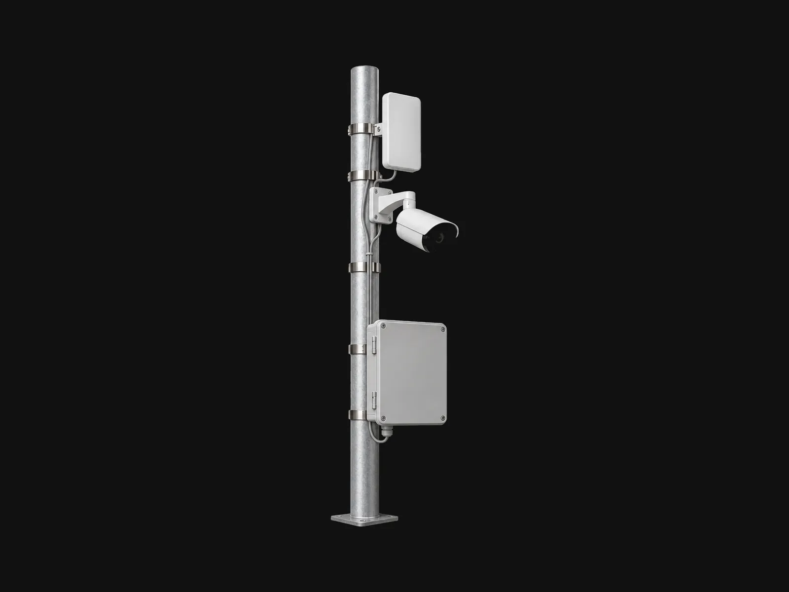 Network powered camera pole kit with a bridge, a box and a camera.