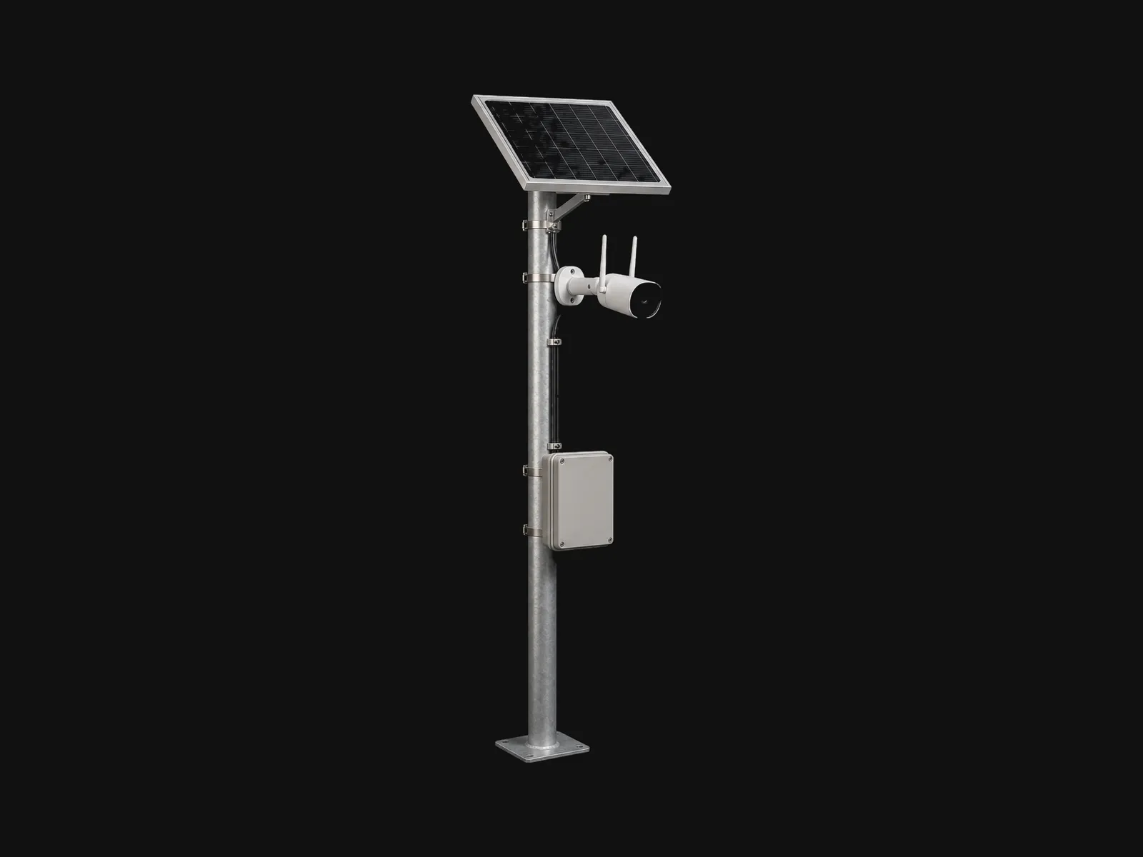 Solar-powered camera pole kit with a small panel, a battery box and a camera.