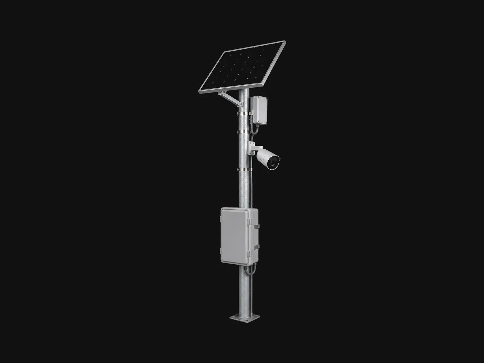 Solar-powered camera pole kit with panel, battery box and camera.