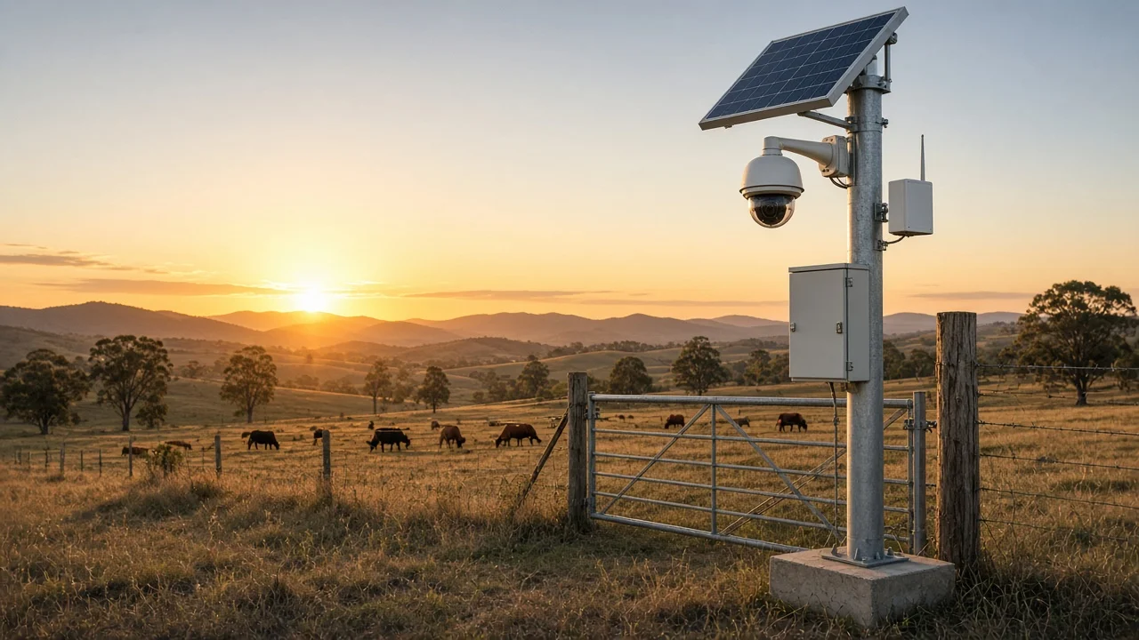 A solar pole camera beside a farm gate at dusk.