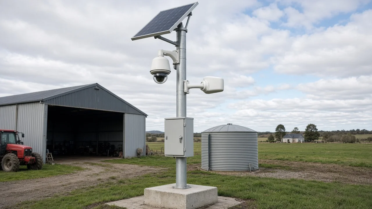A pole camera covering a farm shed, machinery and a water tank.