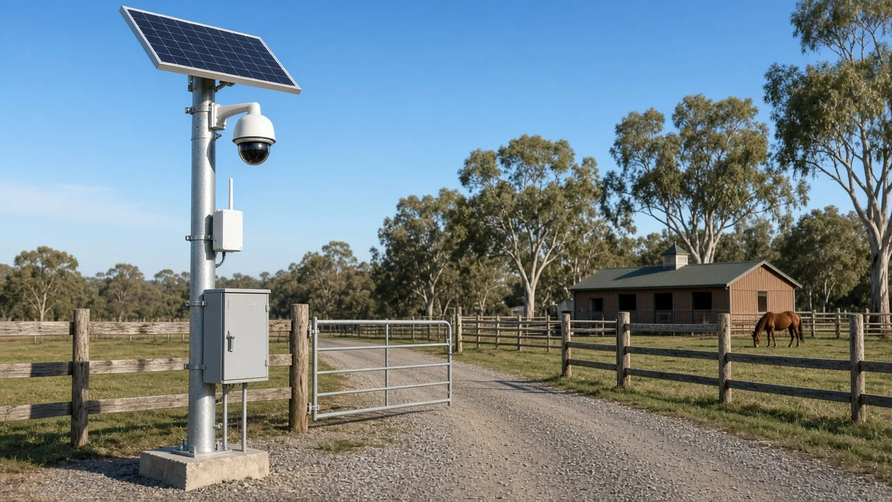A pole camera covering a horse-property driveway and entry.