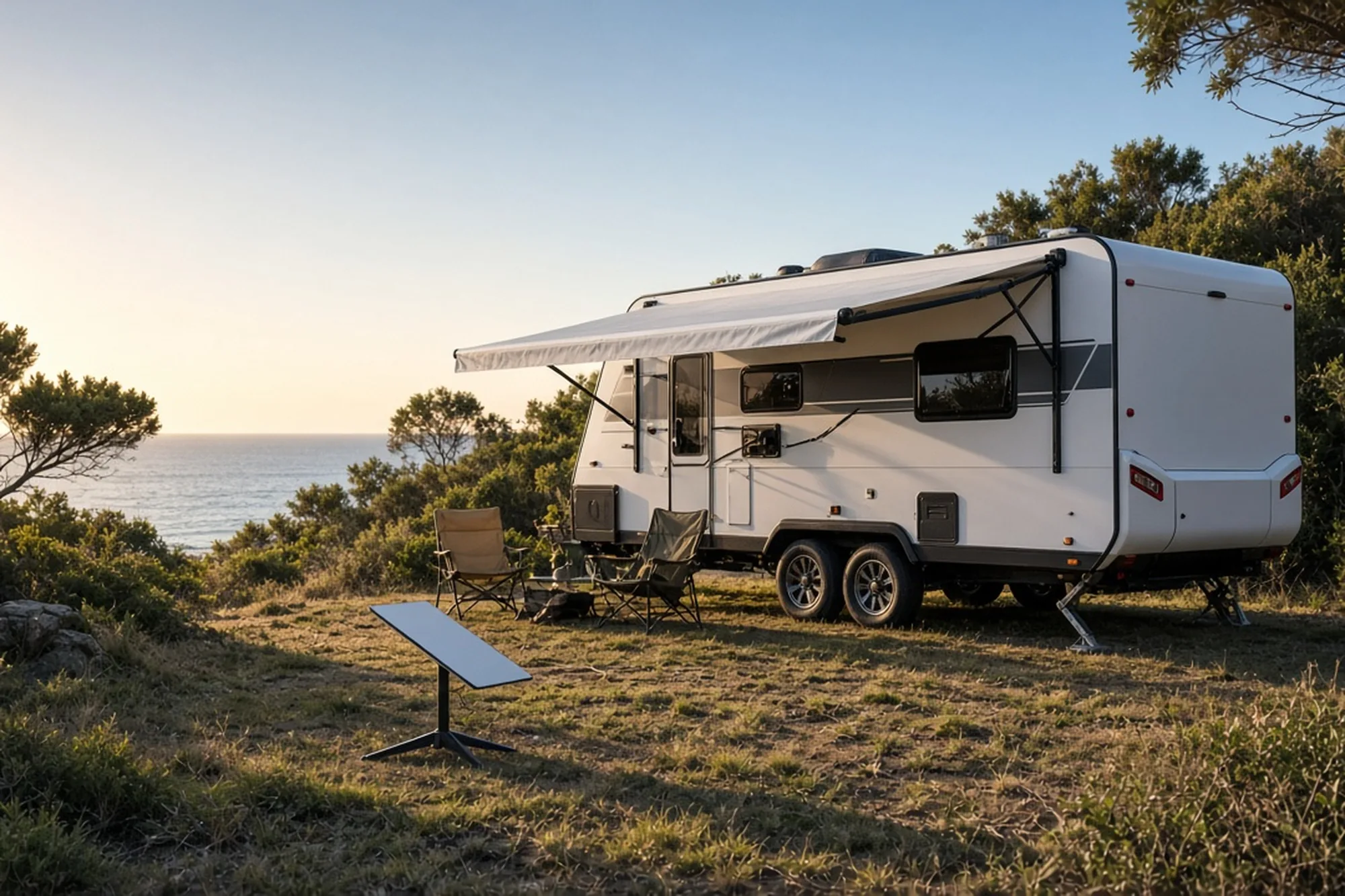 A caravan with a Starlink dish, set up for travel.