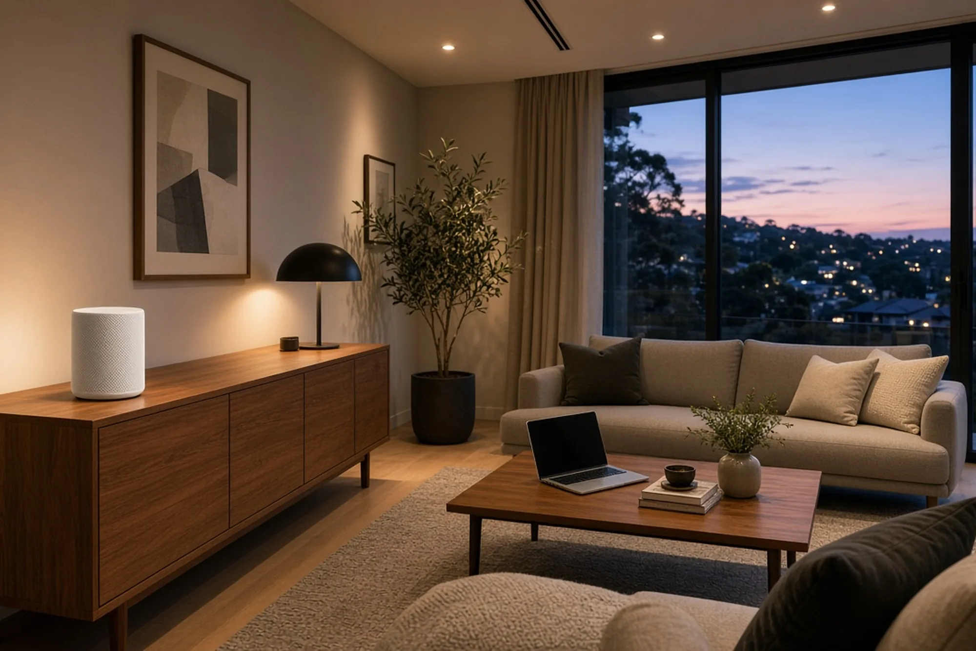 Mesh Wi-Fi nodes through a living room.