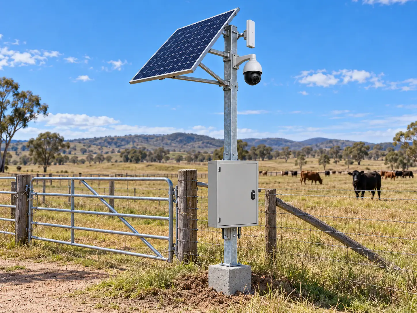 Solar camera pole with a PTZ camera and link radio at a farm gate