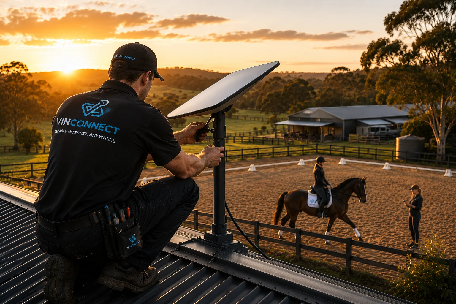 Technician fitting a Starlink Standard dish on a metal roof.
