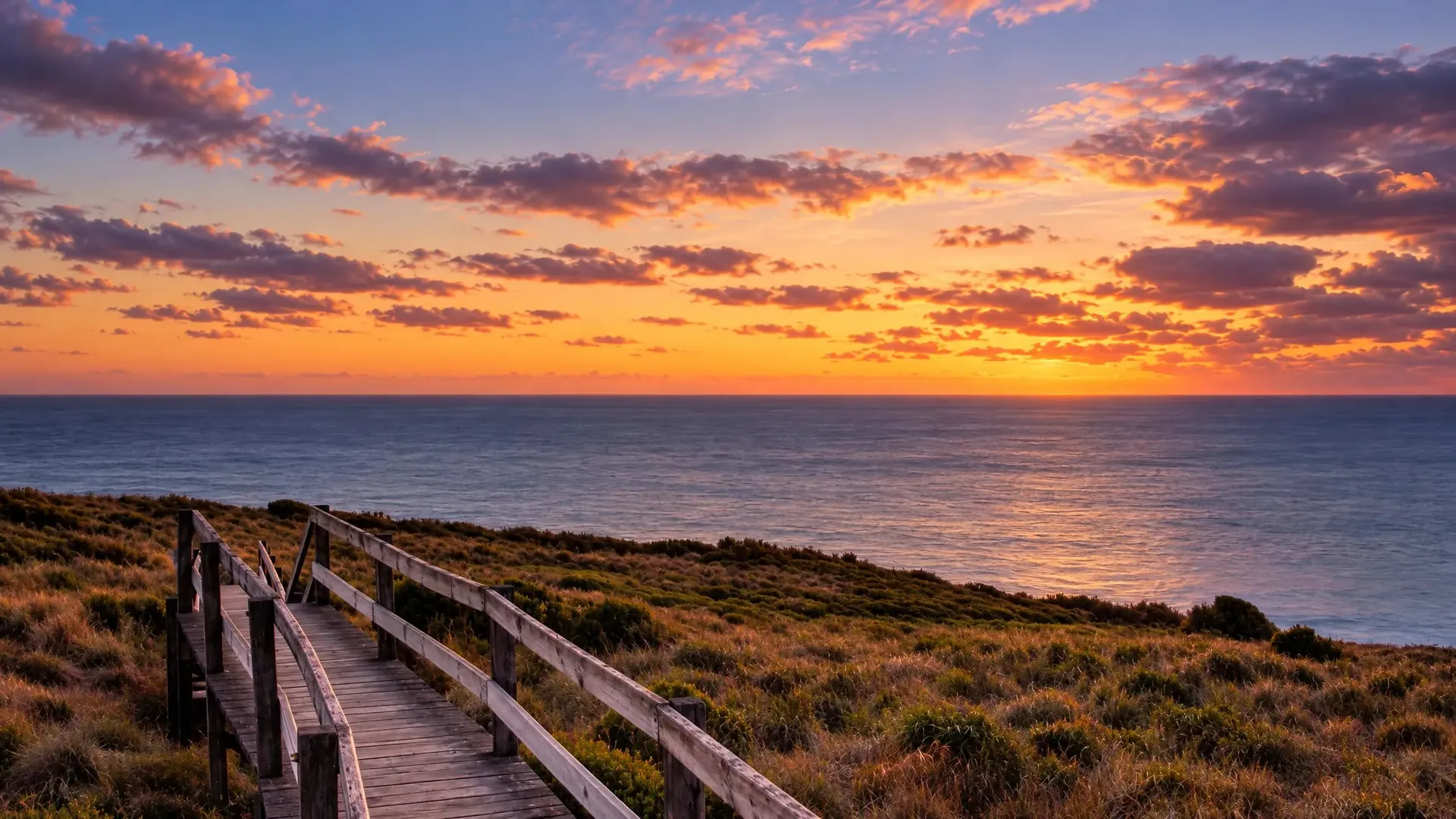 Boardwalk, headland and sea at Pyramid Rock.