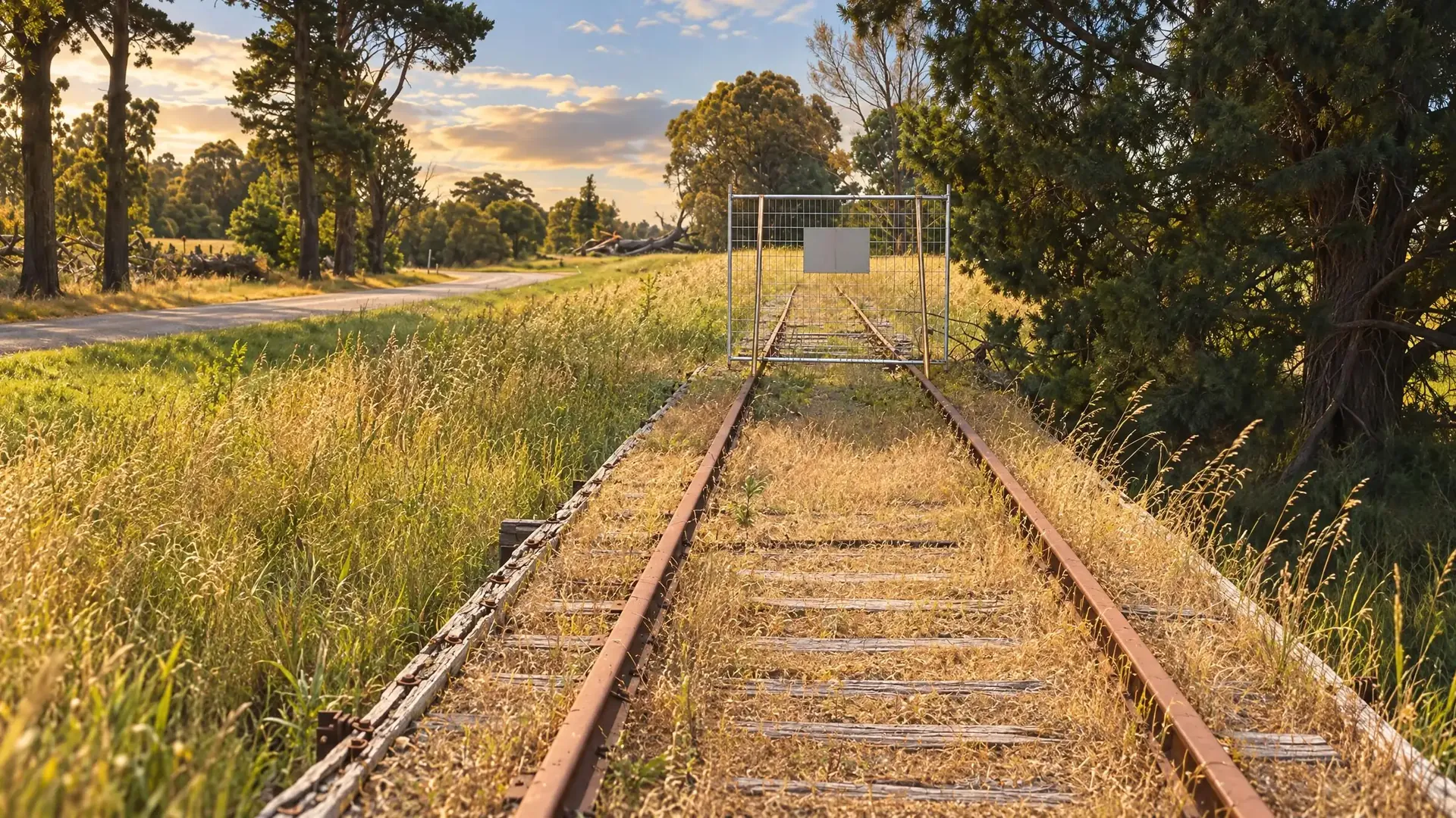 Tracks, a gate and trees on the Tooradin rail corridor.