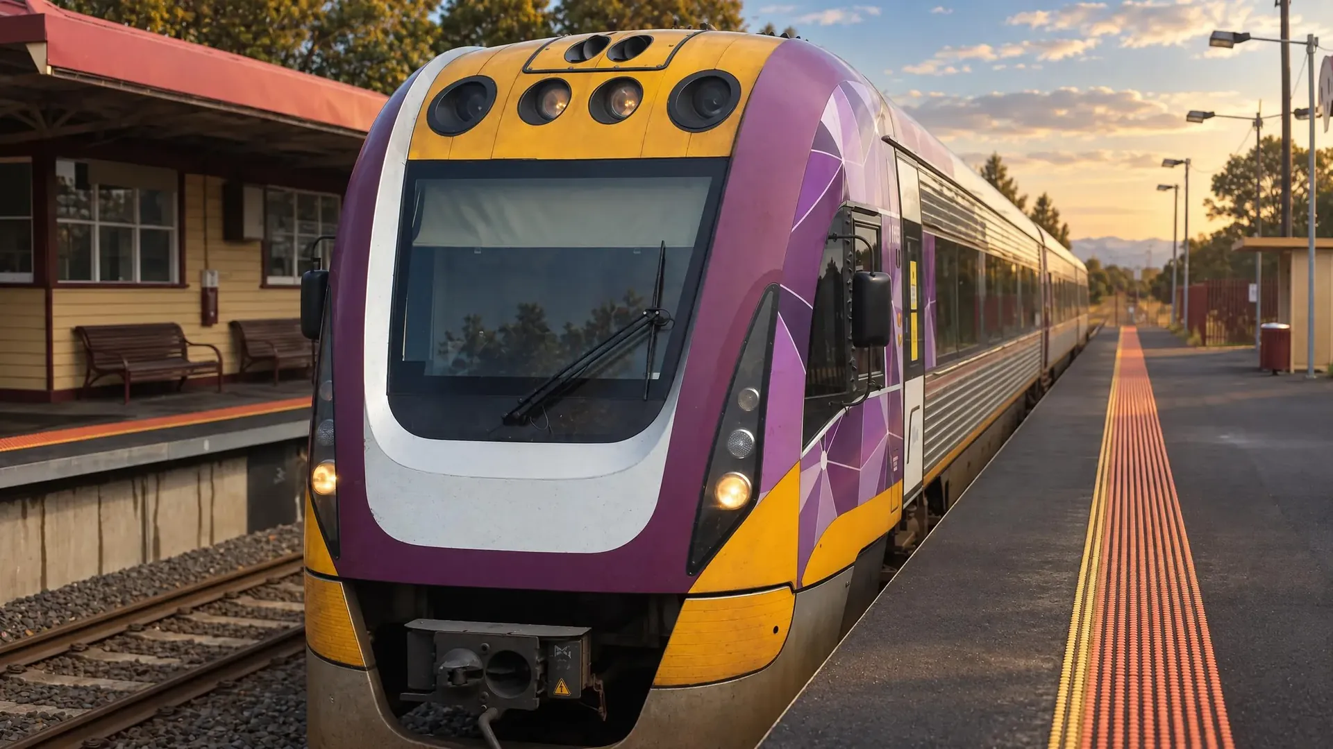 Yarragon station, platform and train.