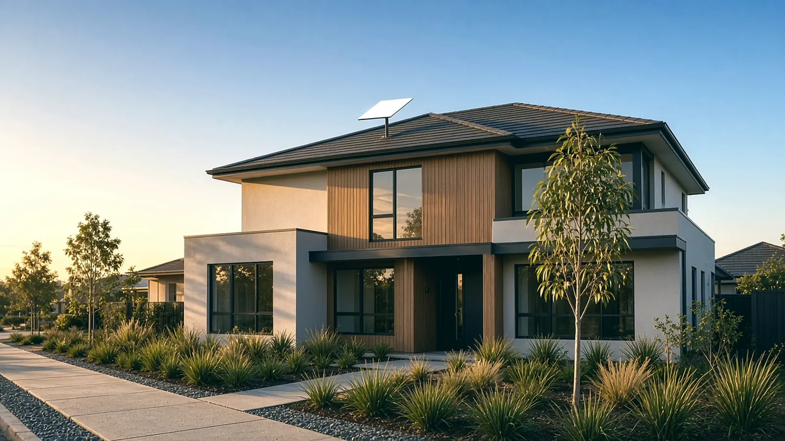 A home at dawn with a Starlink dish, shown with the Vin Connect builder pack.
