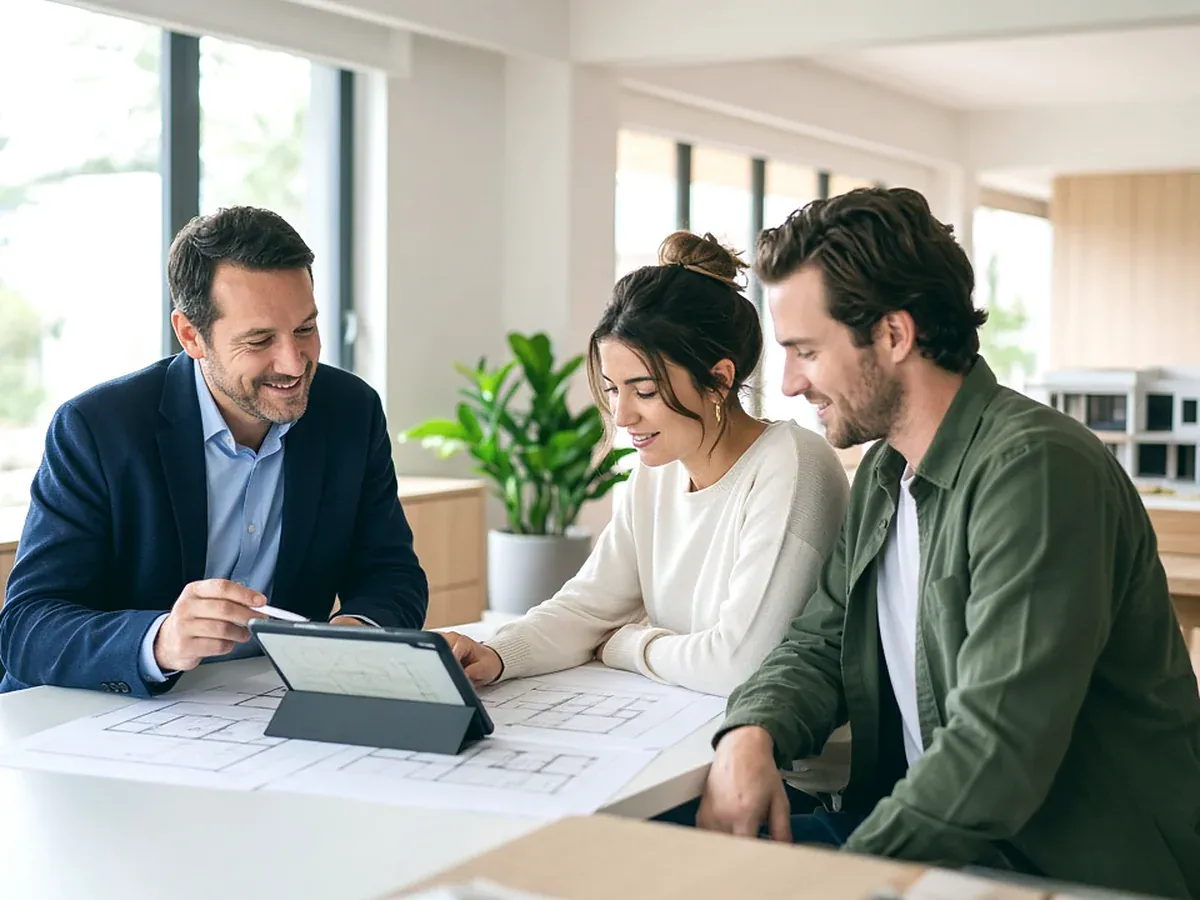 A sales conversation in a display home, shown with the Vin Connect builder pack.