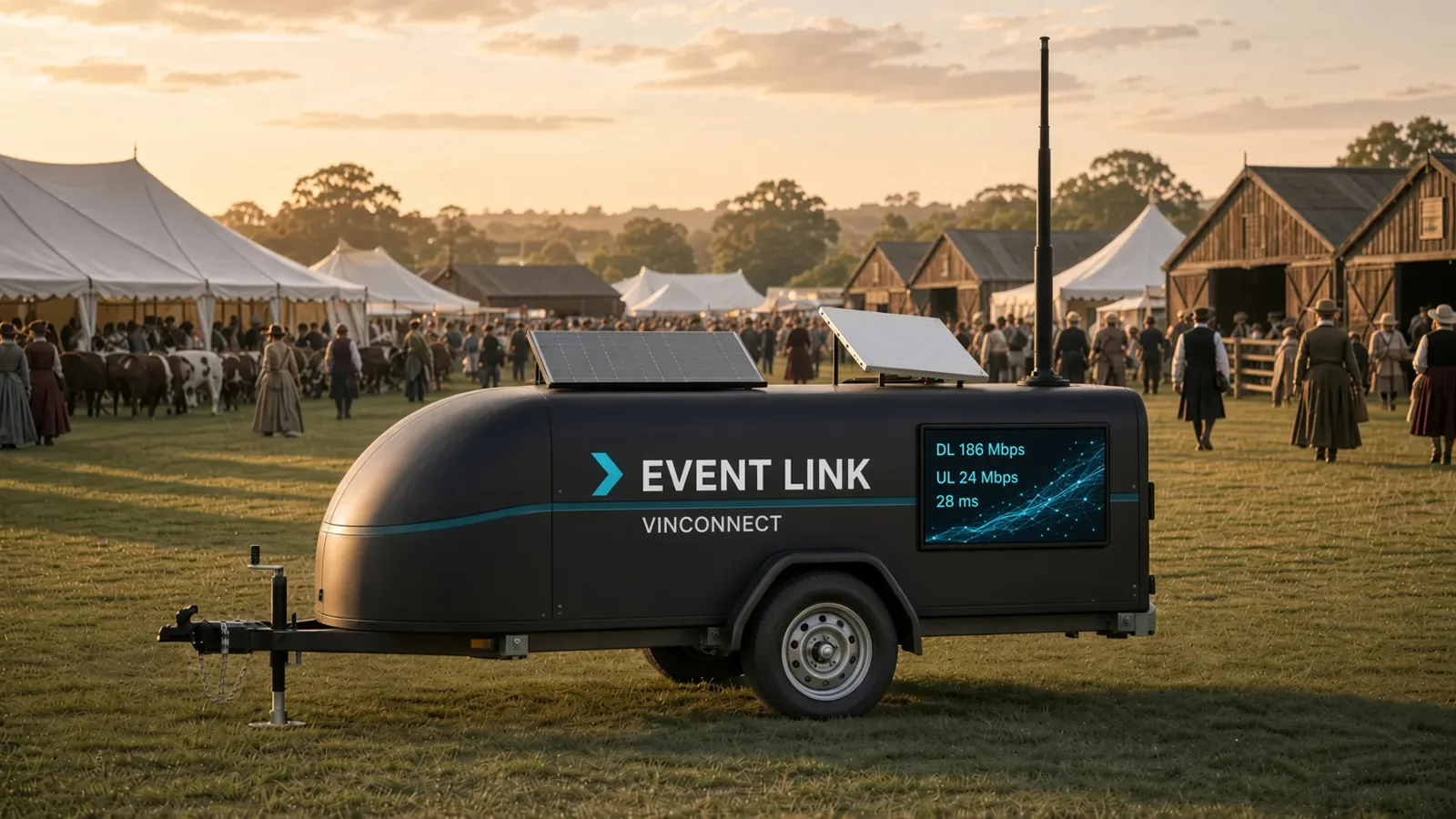 The Event Link show trailer set up at a Victorian agricultural show, mast raised, with marquees behind it.