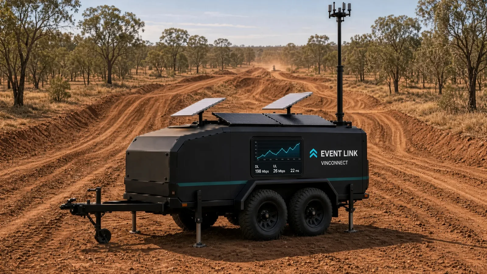 The branded Event Link Platform trailer beside a motocross track.