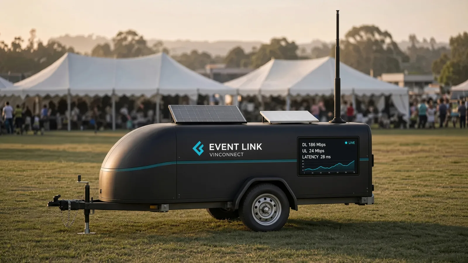 The mid-size Event Link trailer with branding and a telemetry screen.