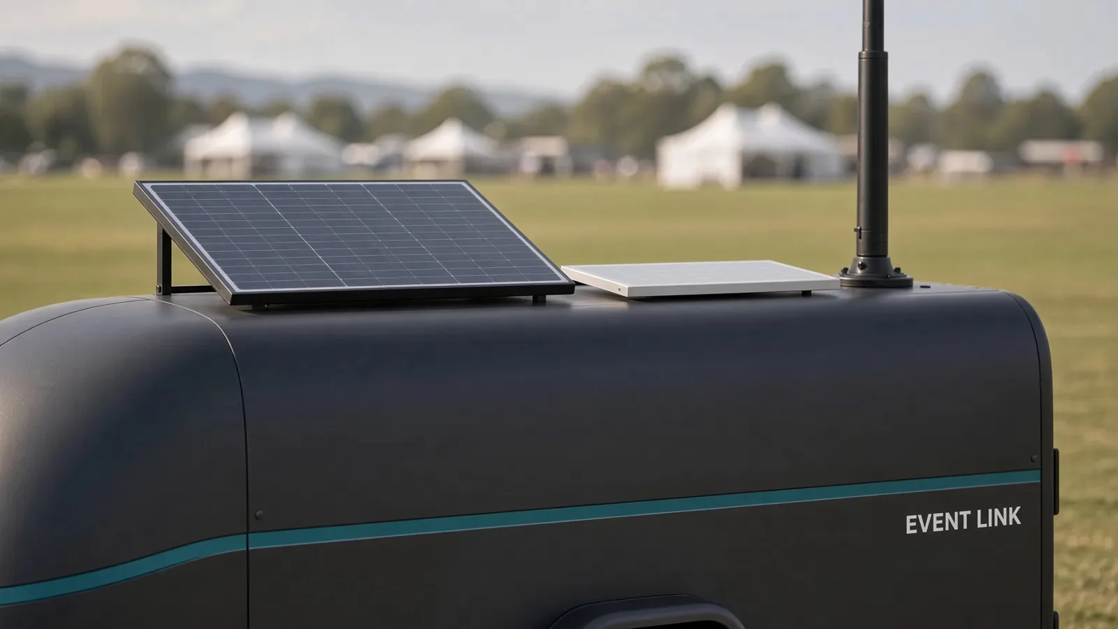 Solar panels and one rectangular Starlink dish on the mid-size Event Link trailer.