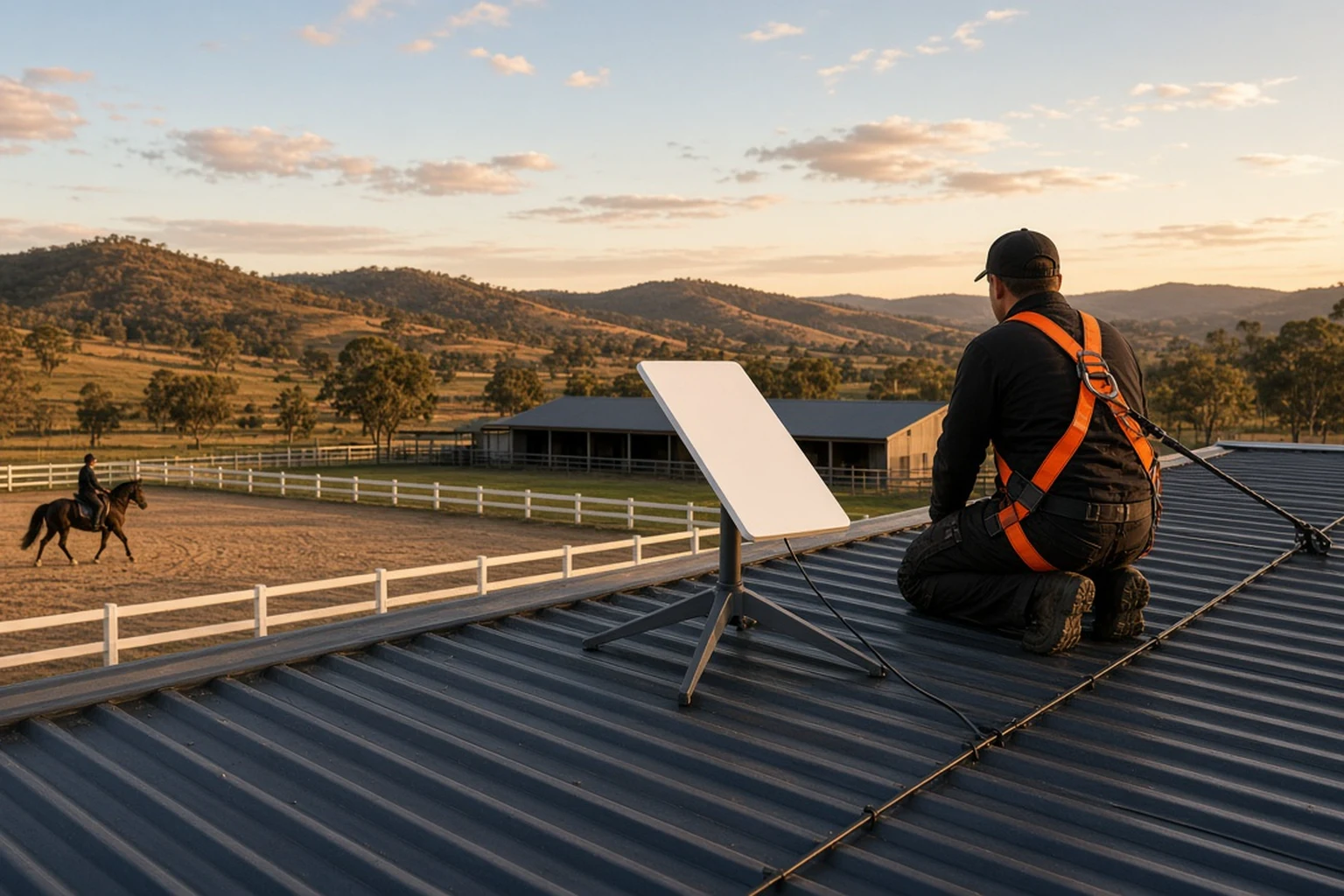 VINCONNECT fitting a Starlink dish on a roof above a horse arena.