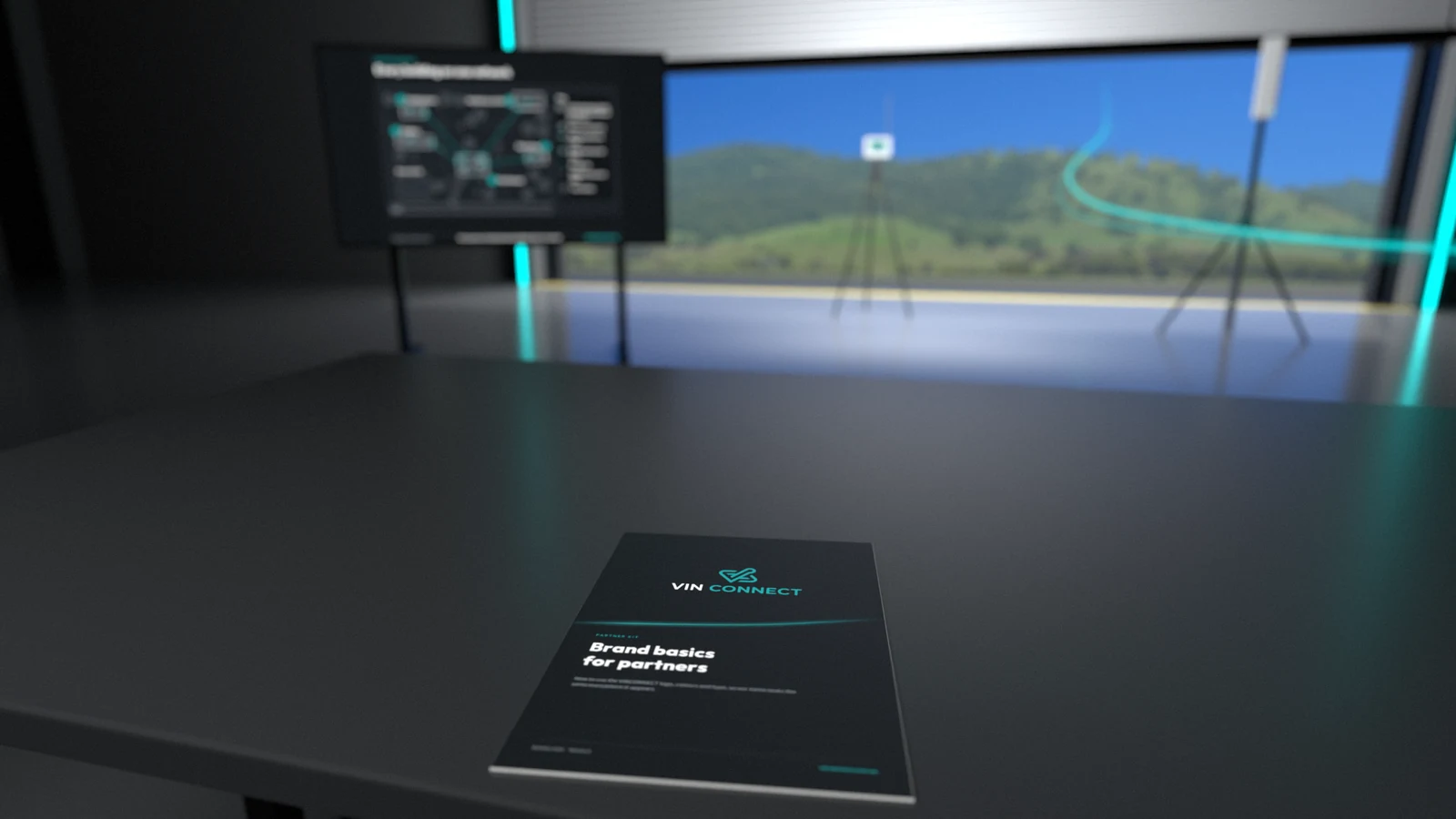 The VINCONNECT Brand basics for partners booklet lying on a dark table in a modern hangar, with a teal-lit roller door open to green rolling hills and a deep blue sky.