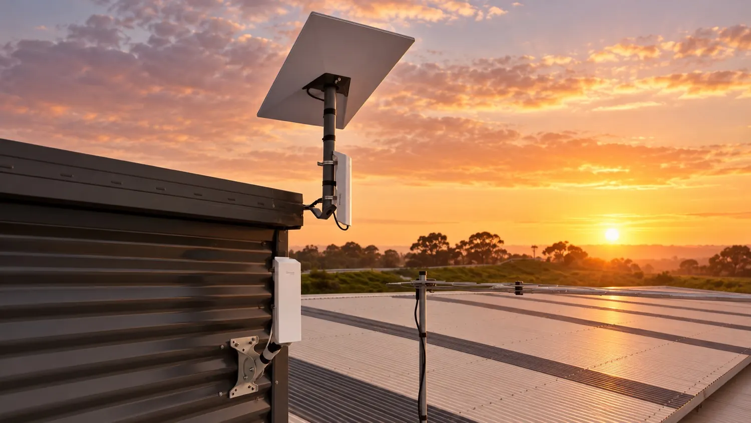 Starlink dish and a wireless bridge on the stable roof at Ciaron Maher Racing, Cranbourne, at sunset.