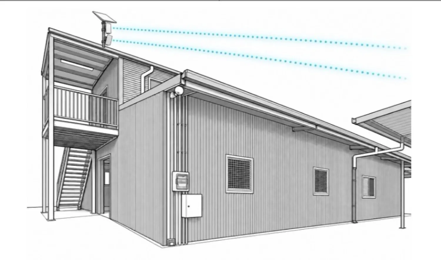 The stable building, with the dish on the upper roof and a wireless link leaving the site.