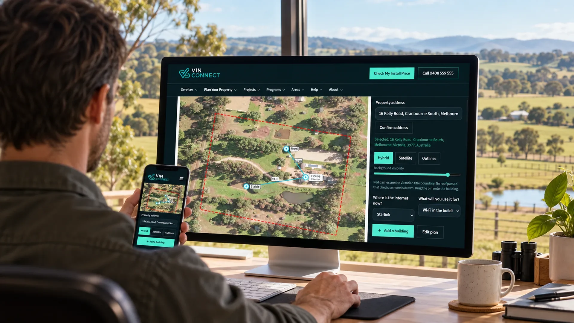 Using the VINCONNECT property planner on a computer and phone, with the farm outside.