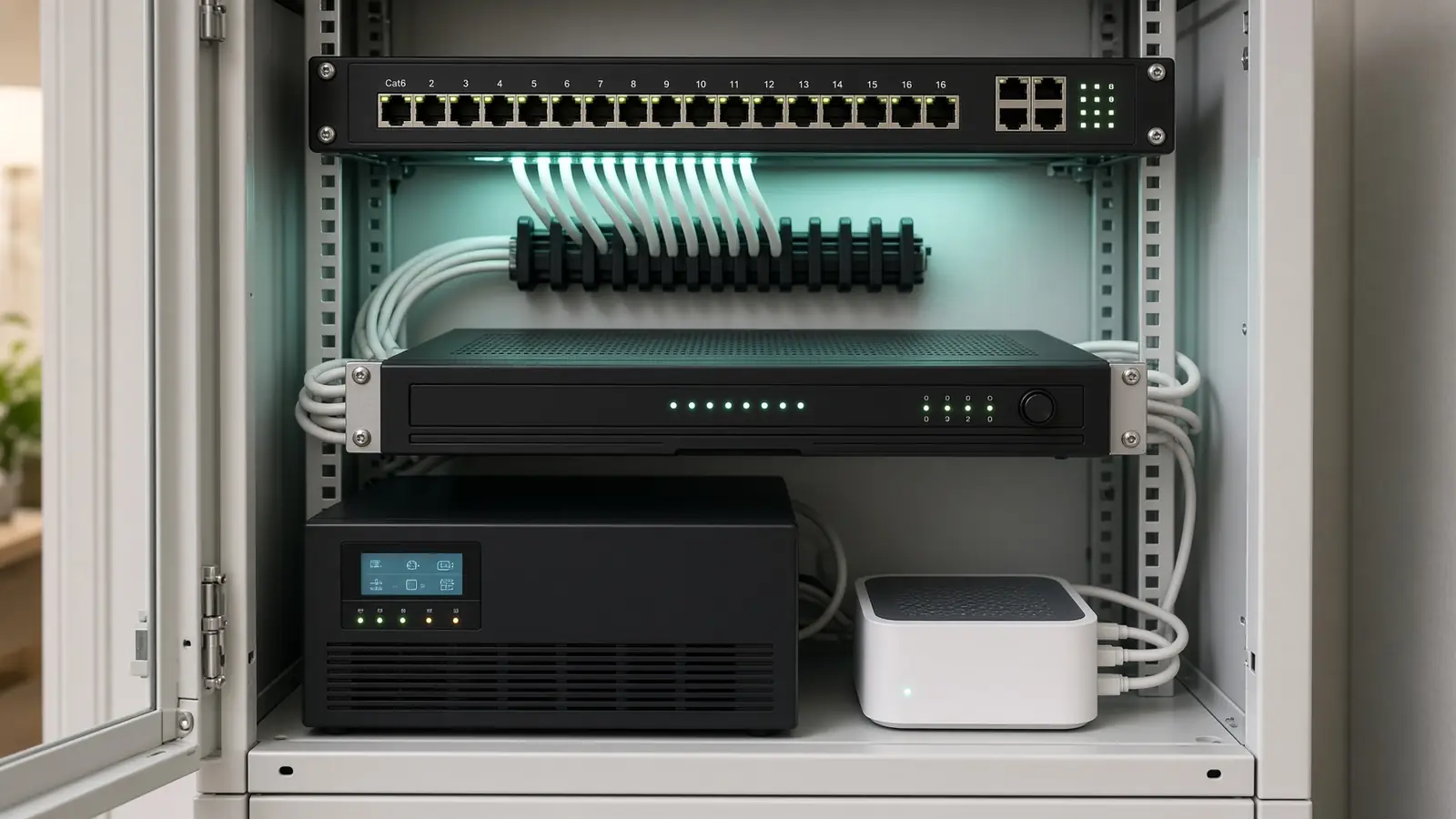 A PoE switch and an access point in a network cabinet.