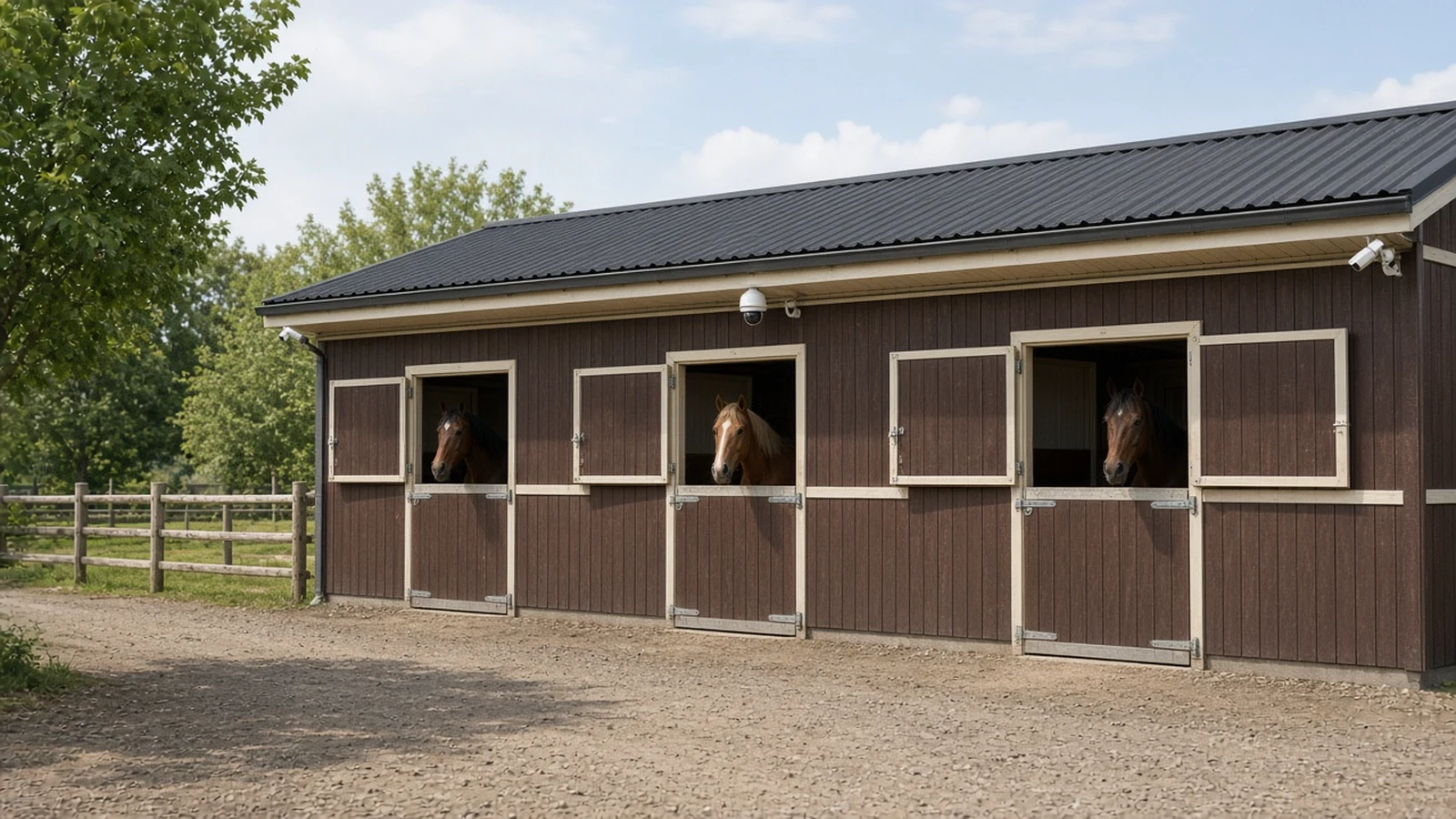 Stables with two bullet cameras at the eaves and a turret camera, with horses in the yard.
