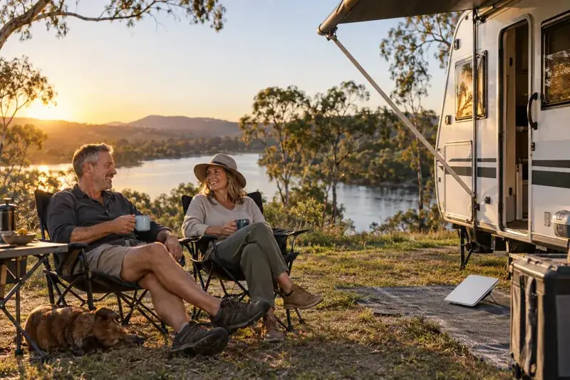 Caravan parked by a river.