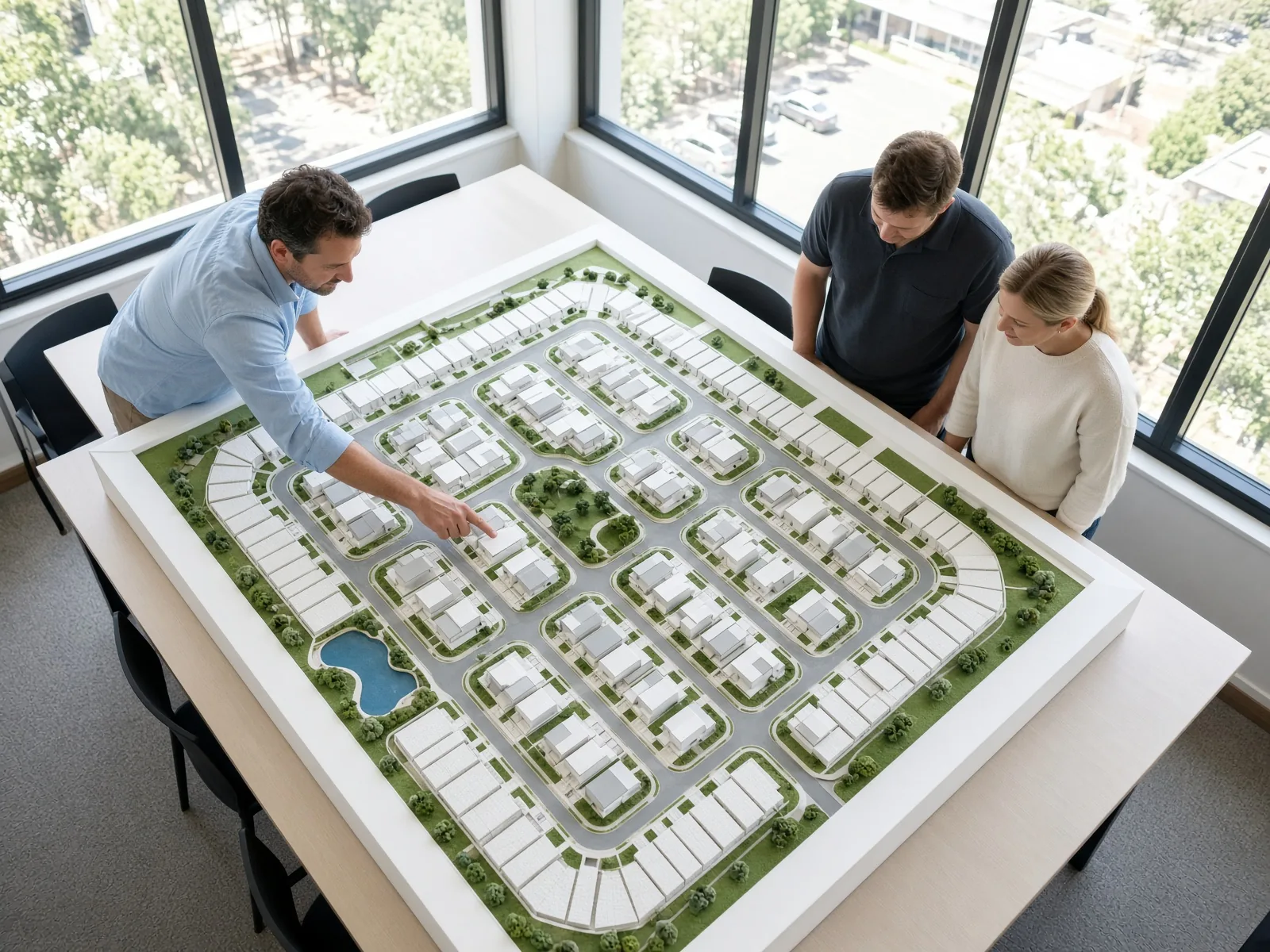 A consultant and buyers looking down at an estate model.