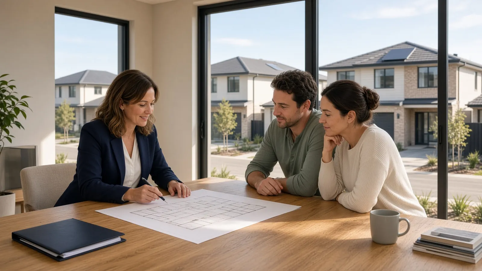 A sales consultant with buyers at a table in an Australian display home.